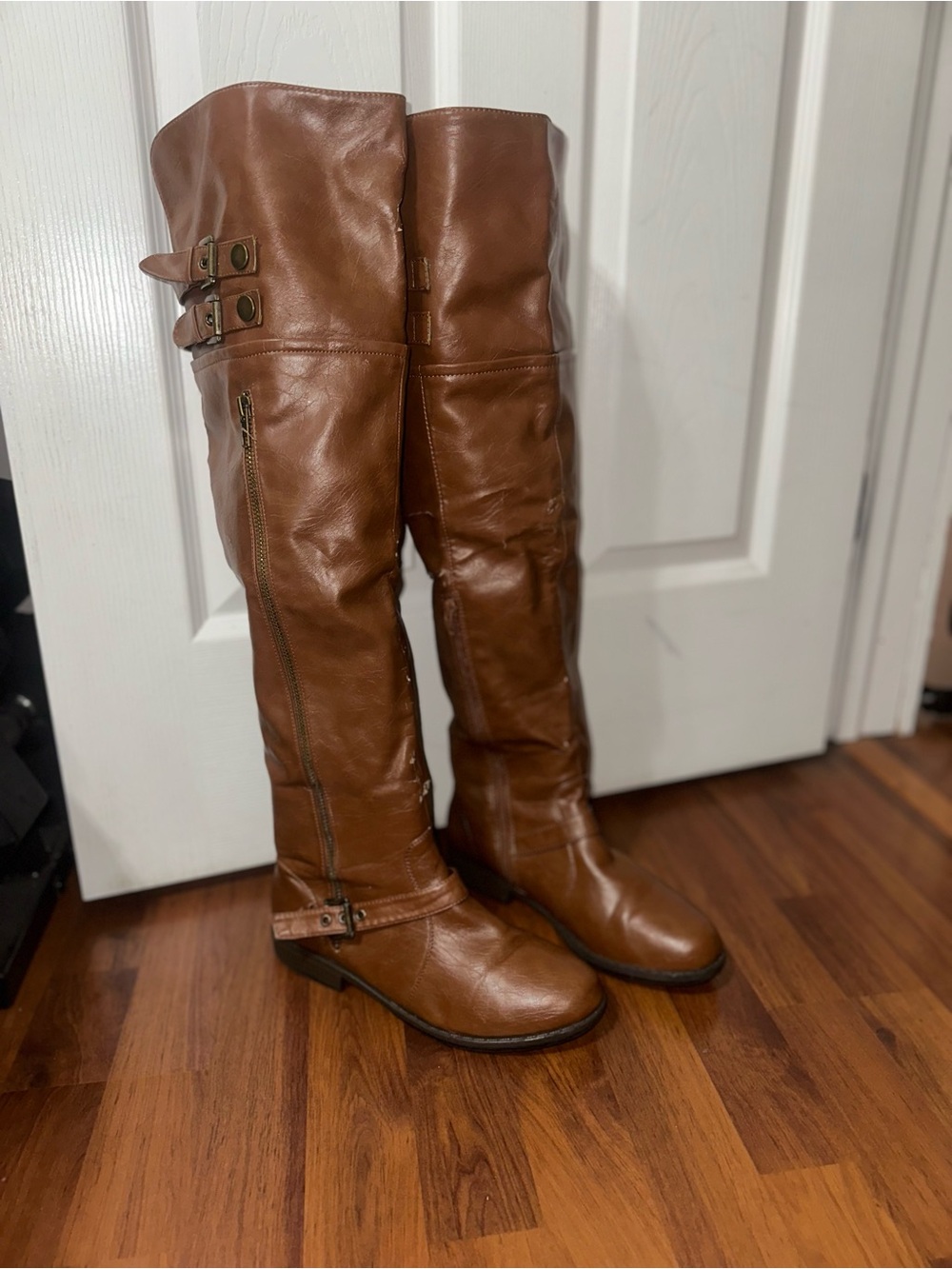 JustFab Tall Brown Over-the-Knee Leather Boots with Buckle Detail